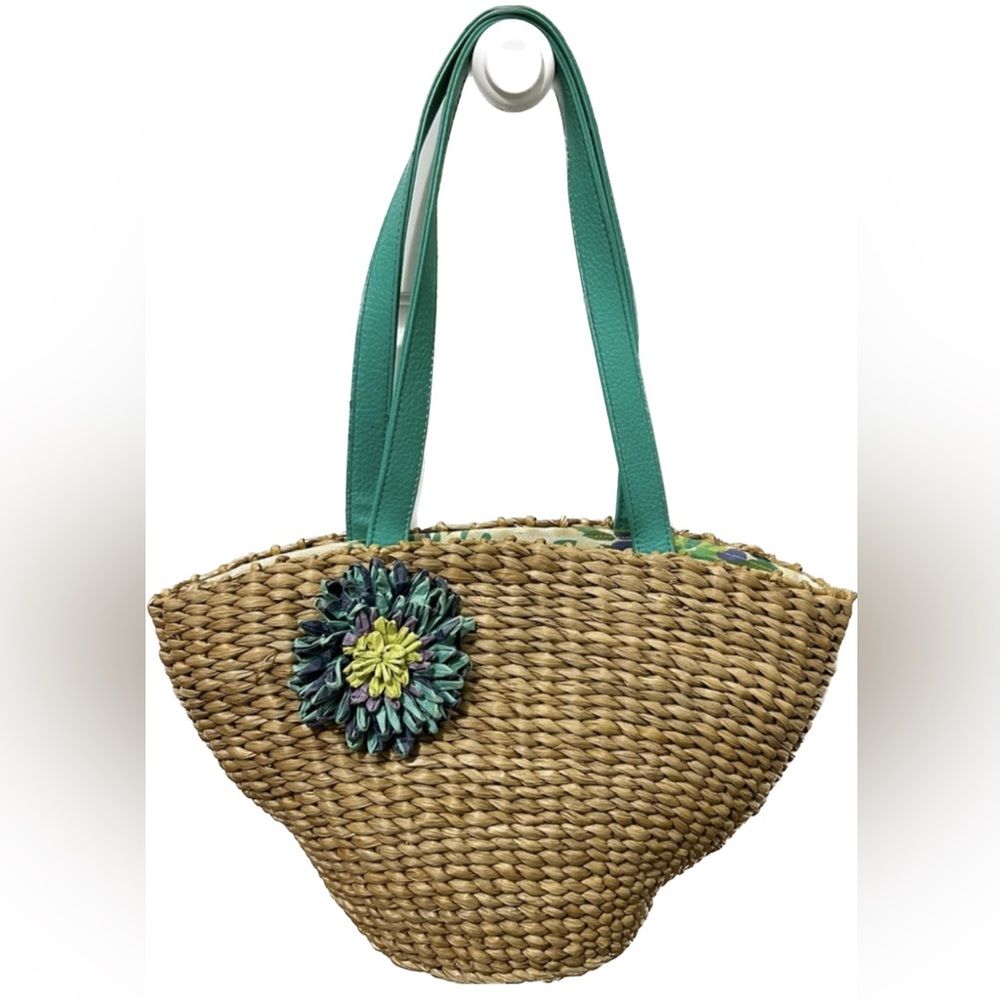 Straw Handbag with Faux Leather Straps - Picture 5 of 9